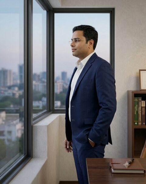 Avinash Thakur in a navy suit, standing by an office window overlooking the city